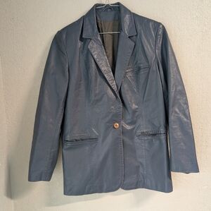 Women's Blue Faux Leather Blazer Jacket M Elevated Basic Dark Academia Indie Emo
